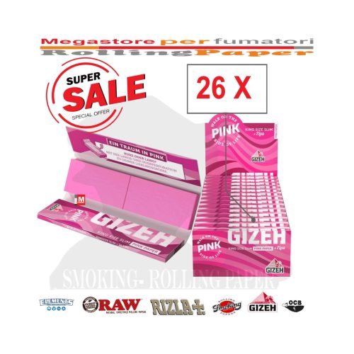 Cartine Gizeh Pink King Size con filtri – Confezione da 26 libretti